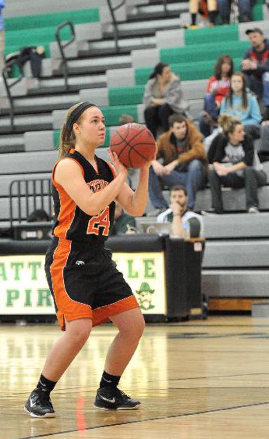 Junior Stephanie Sontag lines ups for a free throw during one of the games she played before her knee injury. 