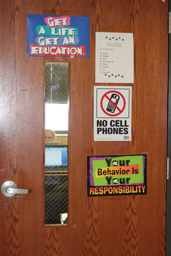 The view from Megan Jurs’ English classroom shows signs relating to the new electronics policy.  
