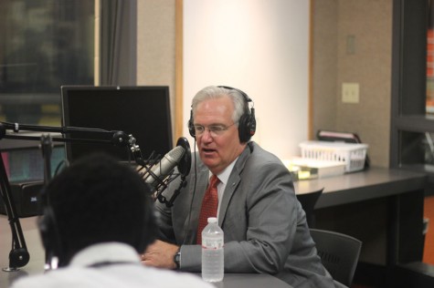 After the discussions with Ritenour students, Governor Jay Nixon continues the interview with Marcus Jordan from Ritenour's radio station KRHS 