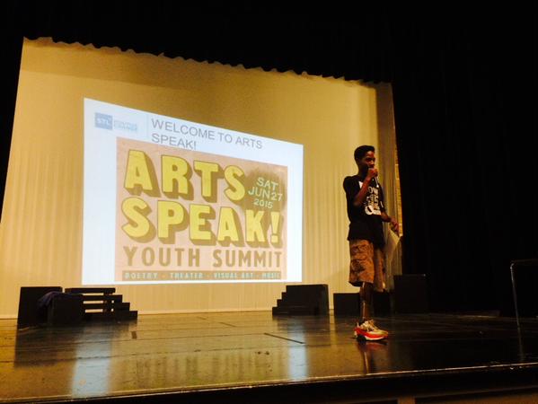 Rasheen Aldridge, Jr., Ferguson Commission member, opens the Arts Speak! Youth Summit.