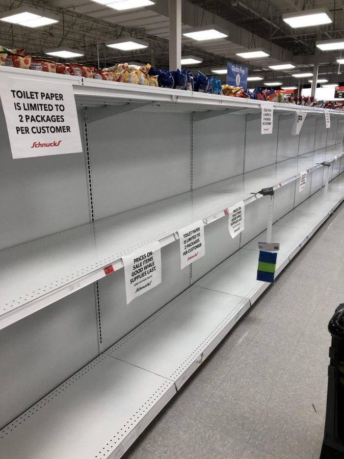 Stores+have+had+problems+keeping+certain+items%2C+like+toilet+paper%2C+in+supply.++Some+people+have+been+hoarding+toilet+paper%2C+hand+sanitizer+and+antibacterial+products+to+fight+the+virus.+