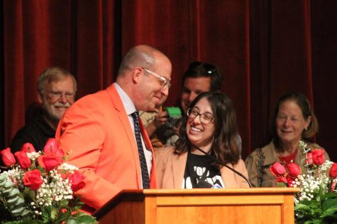 Christina Andrade Melly is congratulated by Ritenour Superintendent Chris Kilbride for winning the 2023 Missouri Teacher of the Year Award. 