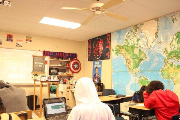 Social studies teacher Chris Stein has St. Louis City paraphernalia up in his classroom. Many of the staff and students have embraced the new professional sports team in St. Louis.